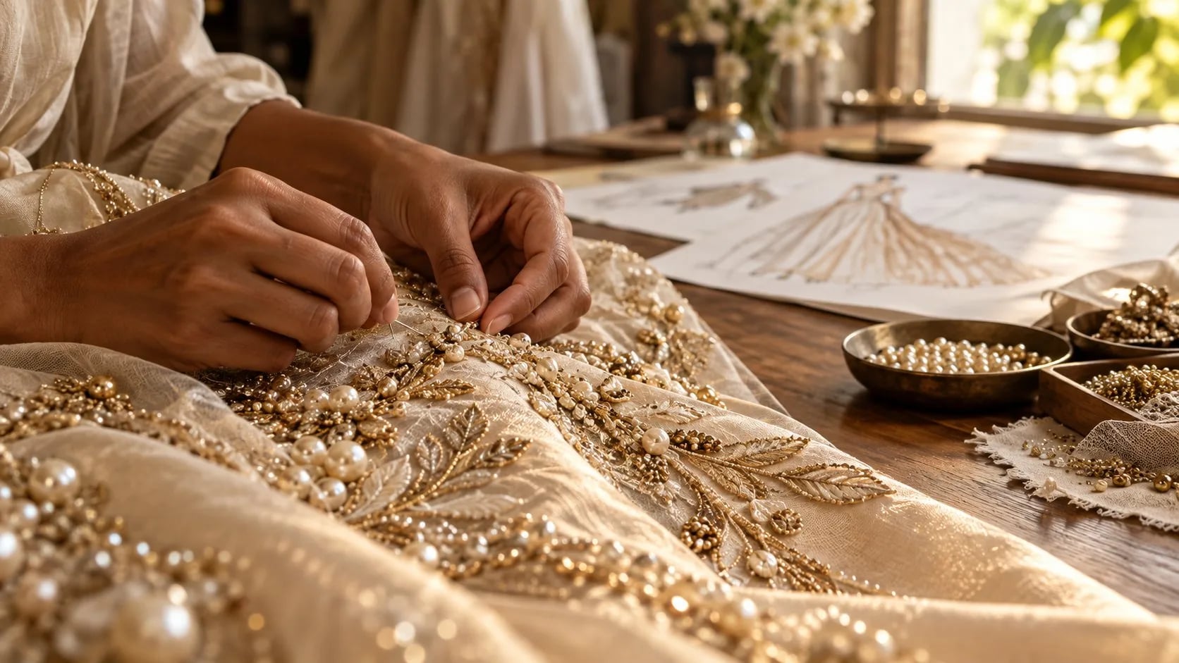 Hands stitching pearls and gold beadwork onto ivory tulle beside bridal design sketches